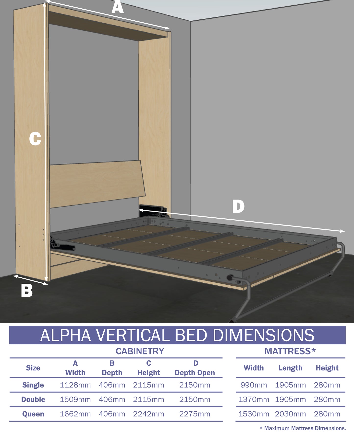 Alpha Double + Flat Pack Cabinetry Murphy Bed Kit